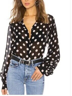 Sanctuary Sheer Black & Ecru Polka Dot Long Sleeve Blouse - XL - Balloon Sleeves
